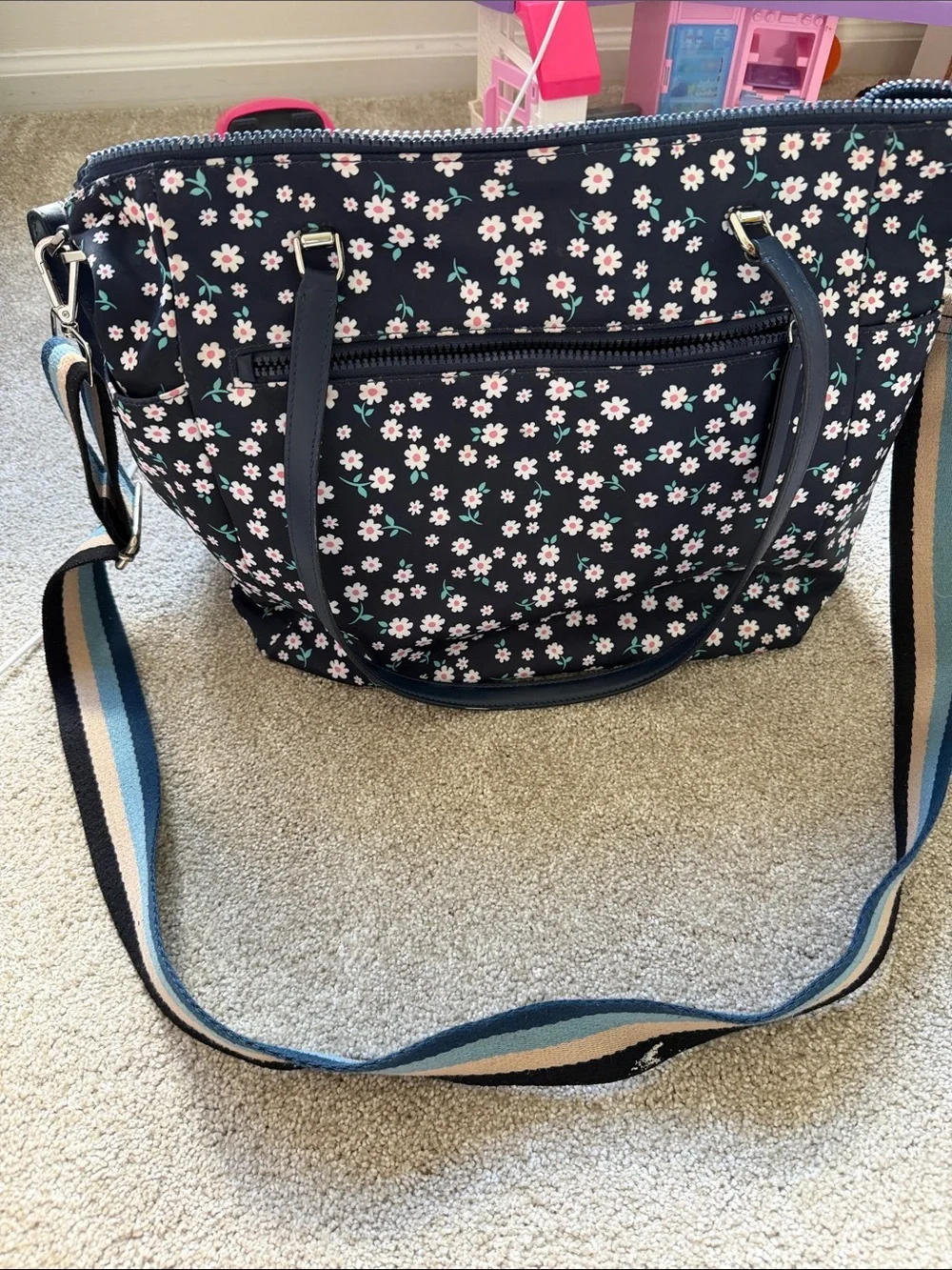 kate spade Navy Floral Tote with Striped Shoulder Strap